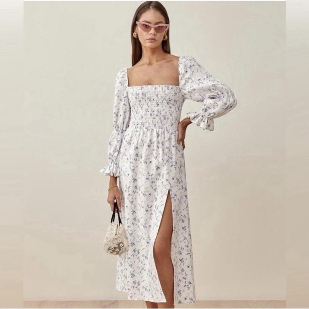 House of Harlow 1960 Linen Smocked Bodice Floral Midi Dress M White Blue Cottage